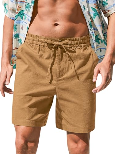 Image of RQP Mens Cotton Linen Shorts Casual Drawstring 7inch Inseam Shorts Stretch Summer Beach Wear
