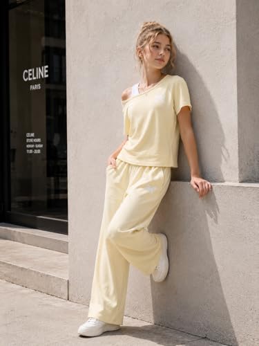 Image of Teen Girls Clothes Off the Shoulder Top and Wide Leg Pants Matching Outfit Set with Pockets Size 7-16