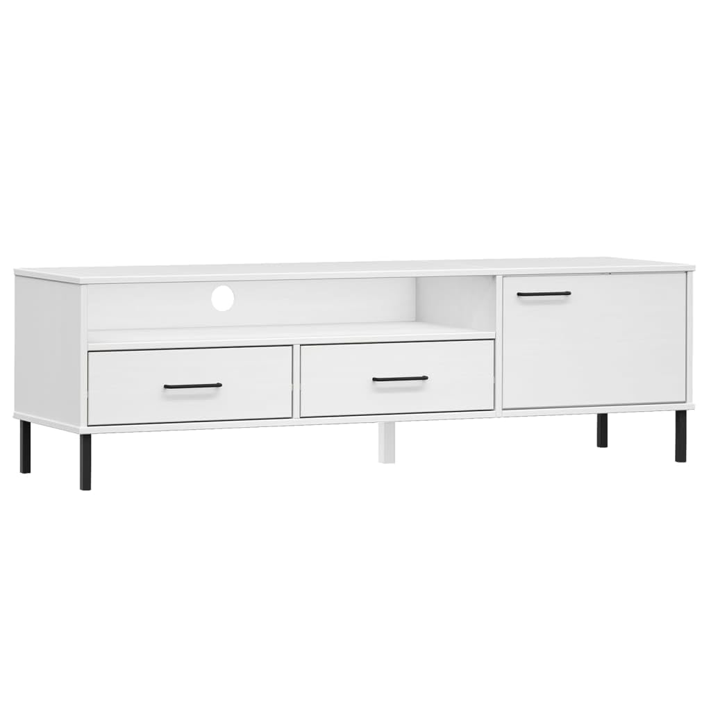 Meuble TV Oslo en pin massif blanc et métal 158cm avec tiroirs