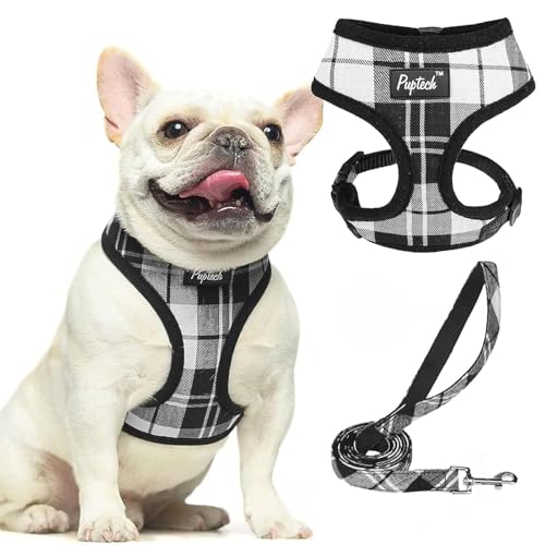 PUPTECK Soft Mesh Dog Harness and Leash Set Pet Puppy Cat Comfort Padded Vest No Pull Harnesses, Black&White, S