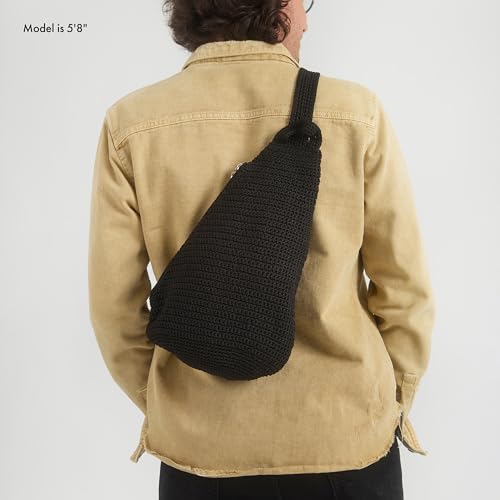 Image of The Sak Geo Sling Backpack in Crochet, Single Sling Shoulder Strap, Black