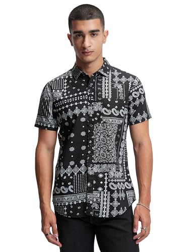 Image of Highlander Men's's Slim Fit Ethnic Motif Printed Casual Shirt | Short Sleeves, Button Closure & Modern Tailored Fit