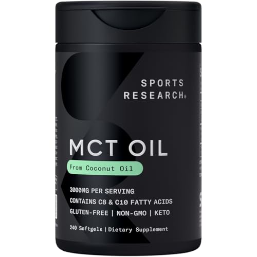 Sports Research Coconut MCT Oil 3000mg - Keto Brain & Body Fuel - C8 + C10 MCT Oil from Coconut Keto Non-GMO - Gluten Free - 240 Softgels