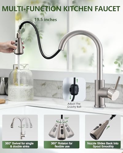 Vfauosit 06BNV Kitchen Faucets, Kitchen Sink Faucet With Pull Down Sprayer Brushed Nickel Stainless Steel Modern High Arc Single Handle Single Hole Pull Out Kitchen Faucet For Bar Laundry Rv Utility Sink thumb #1