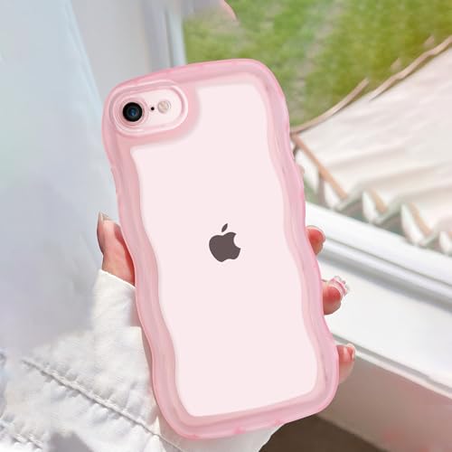 Compatible with iPhone 7/8/SE, Wave Curly Cute Frame Shape Soft Shockproof Protective Phone Cover for Women, Clear-Pink