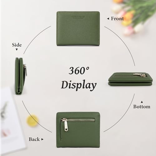 WishLotus Small Wallet for Woman, Leather Credit Card Holder Wallet with Zipper Coin Pocket, Compact Bifold Wallet Mini Purse with ID Window (Green)2