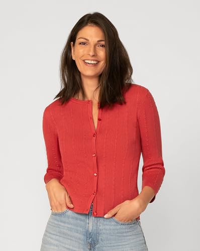 Image of Cable & Gauge Textured Rib Crewneck Cardigan, 3 /4 Sleeve, Button Front for Women