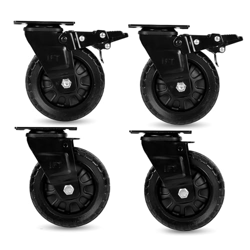 Image of Iron Forge Tools Heavy Duty Swivel Knobby Casters Set of 4, 6 inch Height, 5 inch Diameter, Solid PU Knobby Tread Heavy Duty Wheels, Swiveling Bases, Two Casters with Brakes, Two Without, Black & Black
