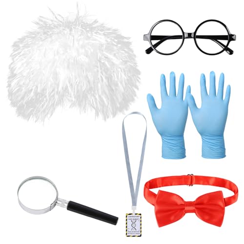 Mad Scientist Costume Kids 6 Pieces Bowtie for Dressing Up Dressing Glasses A Pair of Laboratory Gloves Magnifying Glass Wig PVC Science Name Badge Pass for Science Birthday Party Decorations