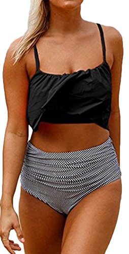 PANOZON Mujer Traje de Baño Dos Piezas Camisa de Rayas Cintura Alta Bikinis Sets Tankinis (XX-Large, Negro)