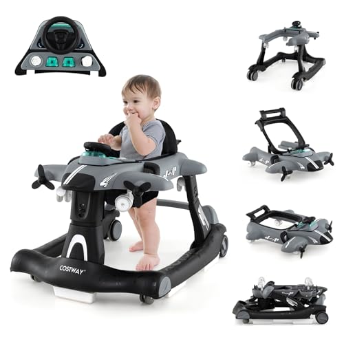 COSTWAY 6 en 1 Andador Bebés, Andador Plegable de Avión, Altura Ajustable en 3 Niveles, 6 Ruedas Universales, Caja de Música Extraíble, Tacata Bebes, Caminador Bebe para Niños de 6-18 Meses (Gris)