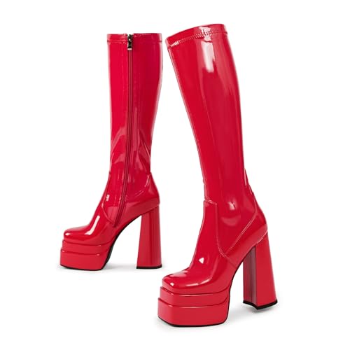 Image of wetkiss Classic Platform Knee High Boots Go Go Boots | Chunky Heel, Hallowee, Stretch Fabric, Square Toe, Good Gifts, Cosplay Custume, Festival,Versatile