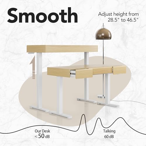 Image of HUANUO 48 Inch Standing Desk with Drawers, Electric Adjustable Height Stand Up Desk with Storage, Whole-Piece Board Computer Workstation for Home Office, Light Walnut