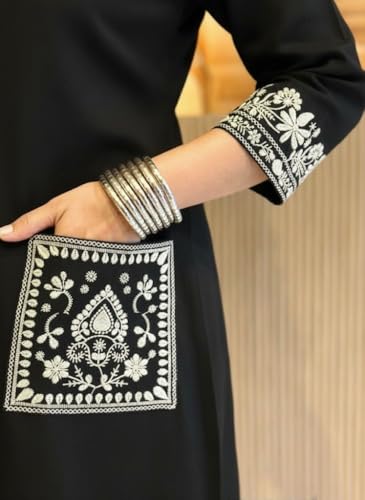 Image of SHEINZY Women's Embroidered Kurta Set with Pants | 3 /4 Sleeve V-Neck Kurti with Floral Thread Work | Ethnic Indian Wear for Casual & Festive Occasions | Comfortable Co-ord