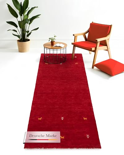 carpetfine Wollteppich Gabbeh Uni Läufer Rot 80x300 cm | Moderner Teppich für Wohn- und Schlafzimmer
