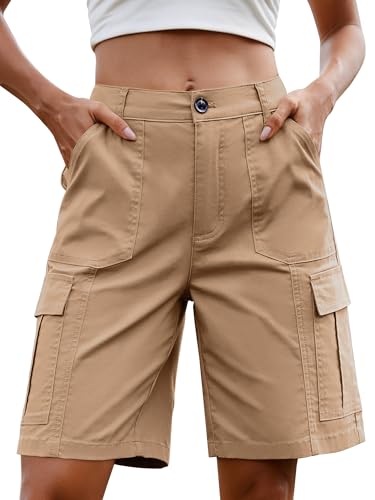StylSense Kurze Hose Damen Sommer Bermuda Cargo Jeans Shorts Baumwolle Hohe Taille mit Elastischem Bund und 6 Taschen (Khaki XXL)