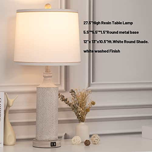 Aidenoey 27.5" H 3-Way Dimmable Touch Control Table Lamp With Dual Usb Ports, Set Of 2, Vintage Washed White Finish Resin Bedside Nightstand Lamp, For Living Room,Bedroom，Office #TOP2