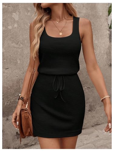 Women's Waffle Knit Belted Tank A Line High Waisted Dresses Square Neck Sleeveless Summer Short Dress4