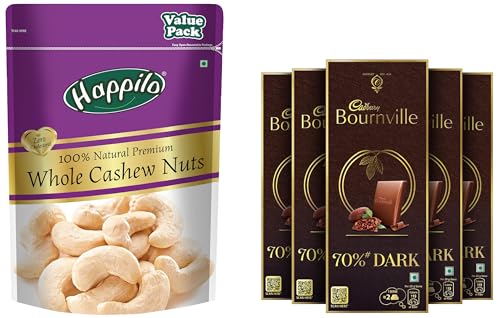 Image of Cadbury Bournville Rich Cocoa 70% Dark Chocolate Bar, 80 g (pack of 5) & Happilo 100% Natural & Crunchy Premium Whole Cashews, Nutritious & Delicious Nuts, 1 kg, Pack of 1