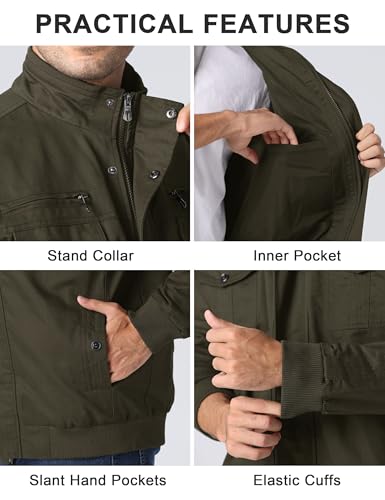 CRYSULLY Men's Spring Fall Casual Windbreaker Jacket Cargo Stand Collar Military Bomber Jackets Coat