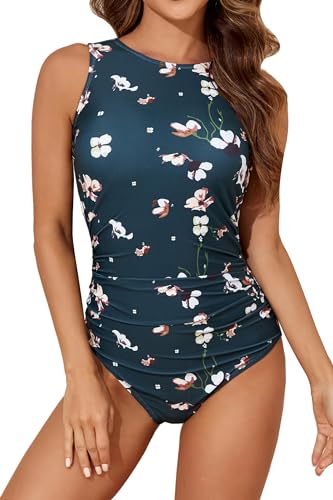 Smismivo High Neck Swimming Costume Women Tummy Control Swimwear Ruched Modest One Piece Swimsuit Padded Closed Back Zip Up Bathing Suit (Dark Green Floral)