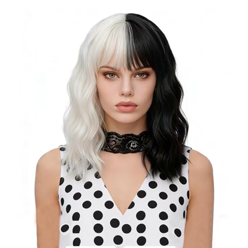 FVCENT Short Curly Shoulder Length Full Bang Women Bob Wig for Cruella Costume Women for Halloween Party Costume (Black and White Without accessories)