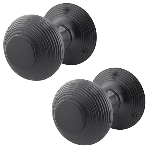 EAI Beehive Reeded Black Door Knobs | 1 Pair of Matt Black Mortice Knobs (55mm) for Internal Doors
