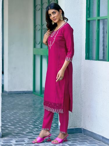 Sanisa Women's Roman Silk Sequence Embroidery Work Straight Kurta With Pant And Dupatta (192Kbd2042N-Xl_Rani Pink)