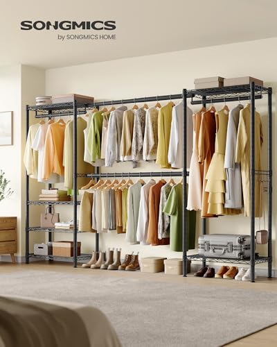 SONGMICS Kleiderständer, offener Kleiderschrank, ausziehbarer Garderobenständer, mit verstellbaren Ablagen und Kleiderstangen, Haken, 40 x (177-220) x 193 cm, tintenschwarz LGR438BH01