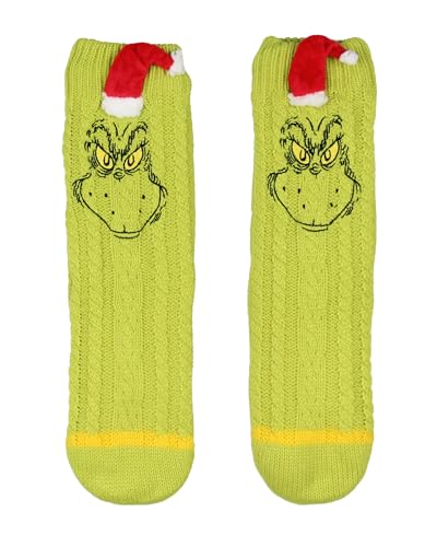 Bioworld Dr Seuss GRINCH Adult Sherpa Lined Grinch Face Santa Hat Sweater Knit Slipper Socks For Men and Women
