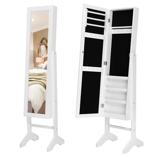SONGMICS Schmuckschrank und Standspiegel zwei in einem, Lederimitat, weiß, 35,5 x 153 x 35 cm