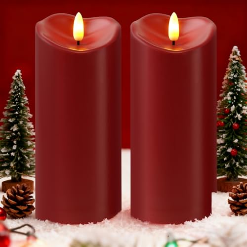 Image of Raycare 8 inchx3 inch Outdoor Waterproof Flameless Candles with Remote and Timer, Battery Operated LED Electric Fake Pillar Candle for Valentine's Day, Home, Wedding Decor, Red, Set of 2