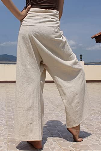 RaanPahMuang Thai Fisherman Pants - Cotton Wrap Capri Pants, Handmade In Thailand, Fair Trade, Unisex White X-Large