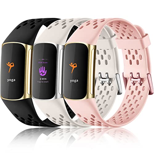 Maledan Compatible for Fitbit Charge 5/ Charge 6 Bands Women Men - Breathable Sport Band Waterproof Wristbands Replacement Strap for Fitbit Charge 5/ Charge 6, Black/Pink Sand/Lunar White