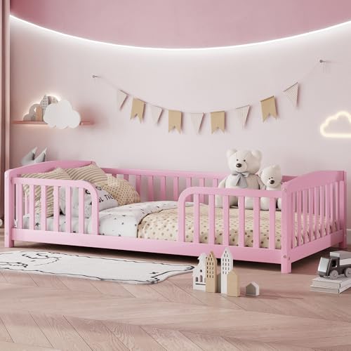 Image of Bellemave Twin Size Montessori Floor Bed Frame with High Fence, Solid Wood Kids Floor Bed with Central Entrance, Low Profile Bed for Boys & Girls, Rounded Corner Design,Pink