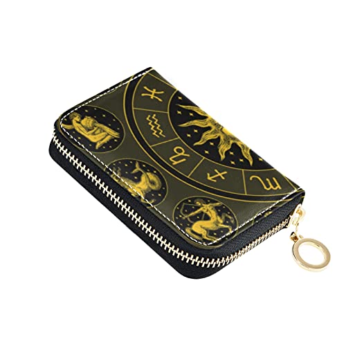 Gold Zodiac Wheel Astrology Horoscope with Circle, Sun and SignsGrey Credit Card Coin wallet, RFID Blocking Compact Women Leather Card Holder, Key Change Organizer, Zipper Purse Clutch Pouch