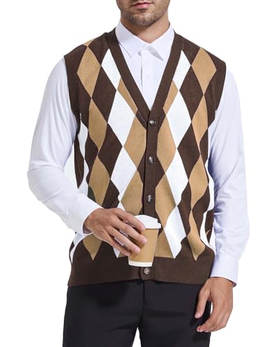 Beotyshow Mens Argyle Sweater Vests V Neck Sleeveless Cardigan Vest Knitwear