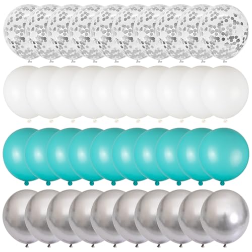 Image of 100pcs Teal Blue White Silver Confetti Balloons, 12inch Turquoise, White, Metallic & Glitter Latex Balloons for Wedding Birthday Baby Shower Party Decoration