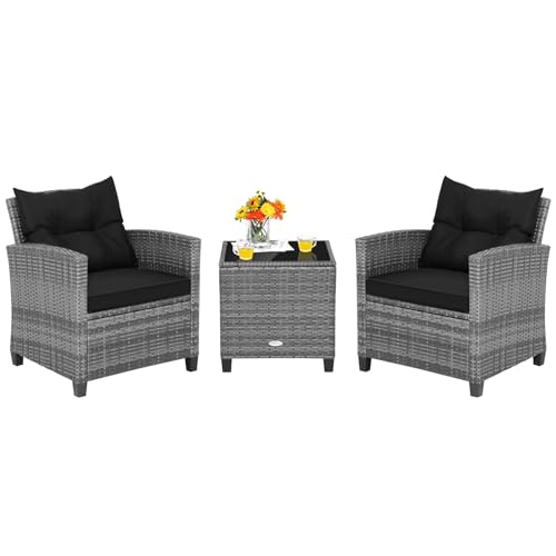 Image of Tangkula 3 Pieces Patio Furniture Set, Outdoor PE Rattan Conversation Chair Set with Tempered Glass Side Table and Removable Cushions, PE Wicker Chairs and Table Set for Porch, Balcony and Garden
