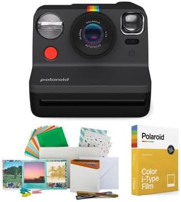 Polaroid Now - Cámara de película instantánea tipo I de 2 generación (negro), paquete de disparo e impresión con marcos de fotos magnéticoscolgantes
