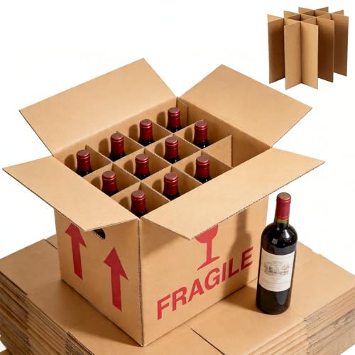 Image of 10 Pack 14 inch x 12 inch x 13 inch Wine Bottle Moving Boxes with Dividers Handles, Corrugated 12 Bottle Storage Carrier for Glassware, Bottles, Dishes Moving
