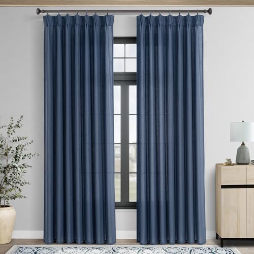 Olepangi Pinch Pleated Navy Blue Linen Curtains 84 inches Long for Living Room 2 Panel Set Light Fitering Semi Sheer Navy Window Curtain Pinch Pleate with Hooks Farmhouse Bedroom Drapes Length 84