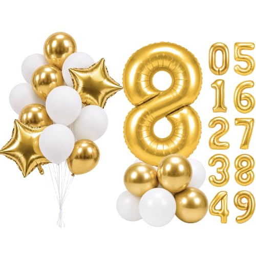 Image of PartyWoo Metallic Gold Number 8 Balloon 40 Inch 25pcs Gold Foil Star White