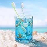 FONMY Toothbrush Holder-Acrylic w/Nature Seashell Handmade SeascapeTooth Paster Cup Mouthwash Cup Makeup Brushes Holder for Bathroom Vanity Countertops Office Unique Gifts and Home Decor.,Sea Blue
