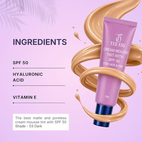 Image of TEE ESS Cream Mousse Unisex Face Tint SPF 50 | Enriched with Vitamin E & Hyaluronic Acid | Lightweight, Pore-Blurring, Non Greasy and Long-Lasting | Unisex Mousse Tint| Suitable for All Skin Types |30g (03 Dark)