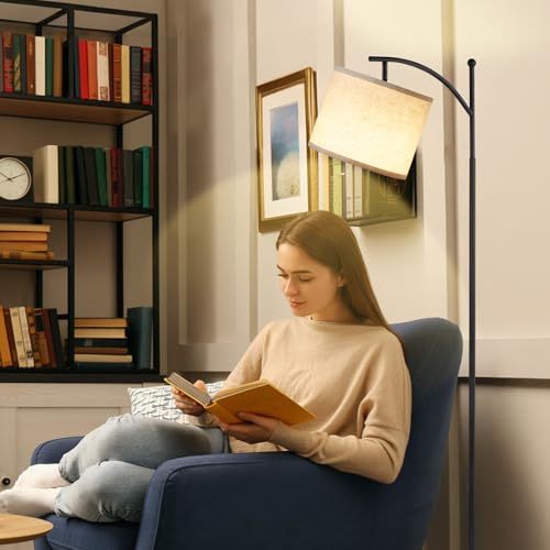 Image of Ambimall Floor Lamps with Smart Light Bulb, RGB + Color Temperatures Bright Dimmable Smart Floor lamp(White Shade & Black Pole)