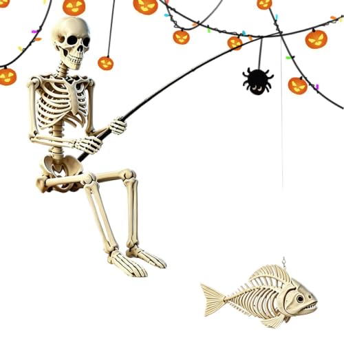Large Gothic Fisherman Skeleton Statue Resin Fishing Skull Yard Art Spooky