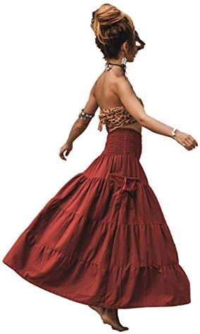 Thaluta Maxi Boho Skirt Long Pockets Cotton Hippie Bohemian Elastic Waist Gypsy Skirt Rust