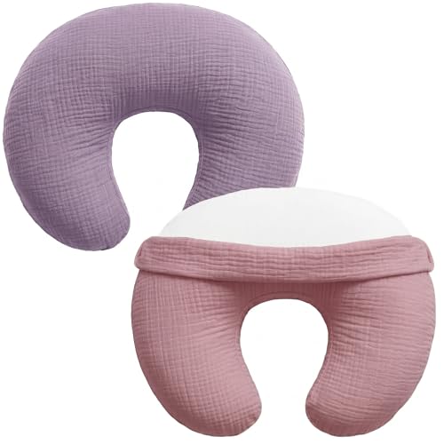 Image of Pro Goleem Muslin Nursing Pillow Cover, 100% Cotton Soft Breathable Feeding Pillow Slipcover for Breastfeeding Moms, Fits Standard Infant Nursing Pillow, for Boys and Girls, 2 Pack (Pink＆Purple)