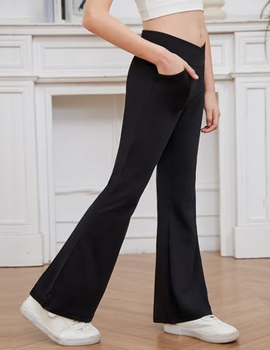 Zaclotre Girls Flare Leggings High Waisted V Crossover Casual Yoga Bell Bottoms with Pockets Pants for Kid3
